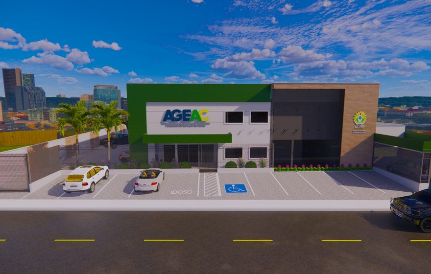 Render do projeto da nova sede da AGEAC: bloco de dois pavimentos com fachada verde e branca e estacionamento frontal